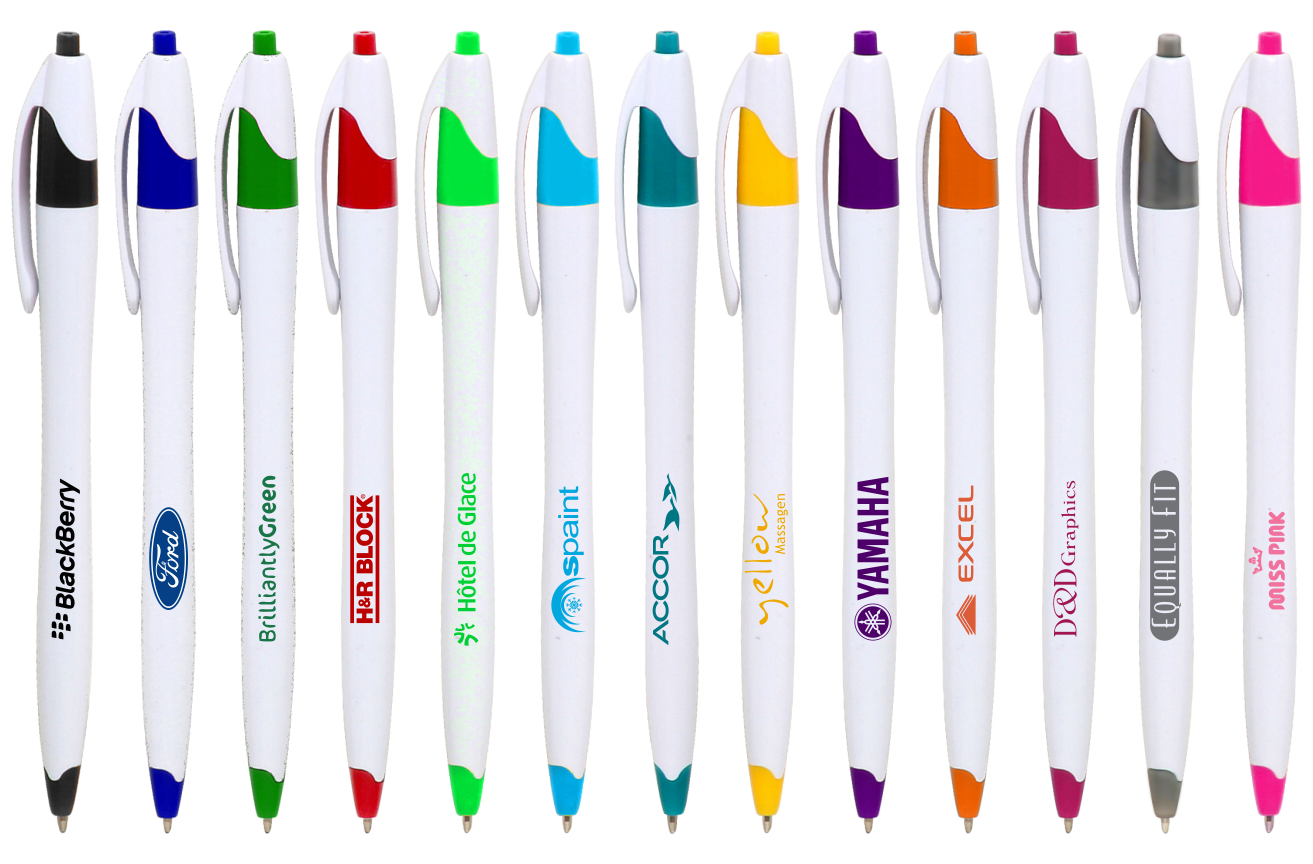 "Elegant" White Click Pen - White Barrel w/ Colored Trim 1