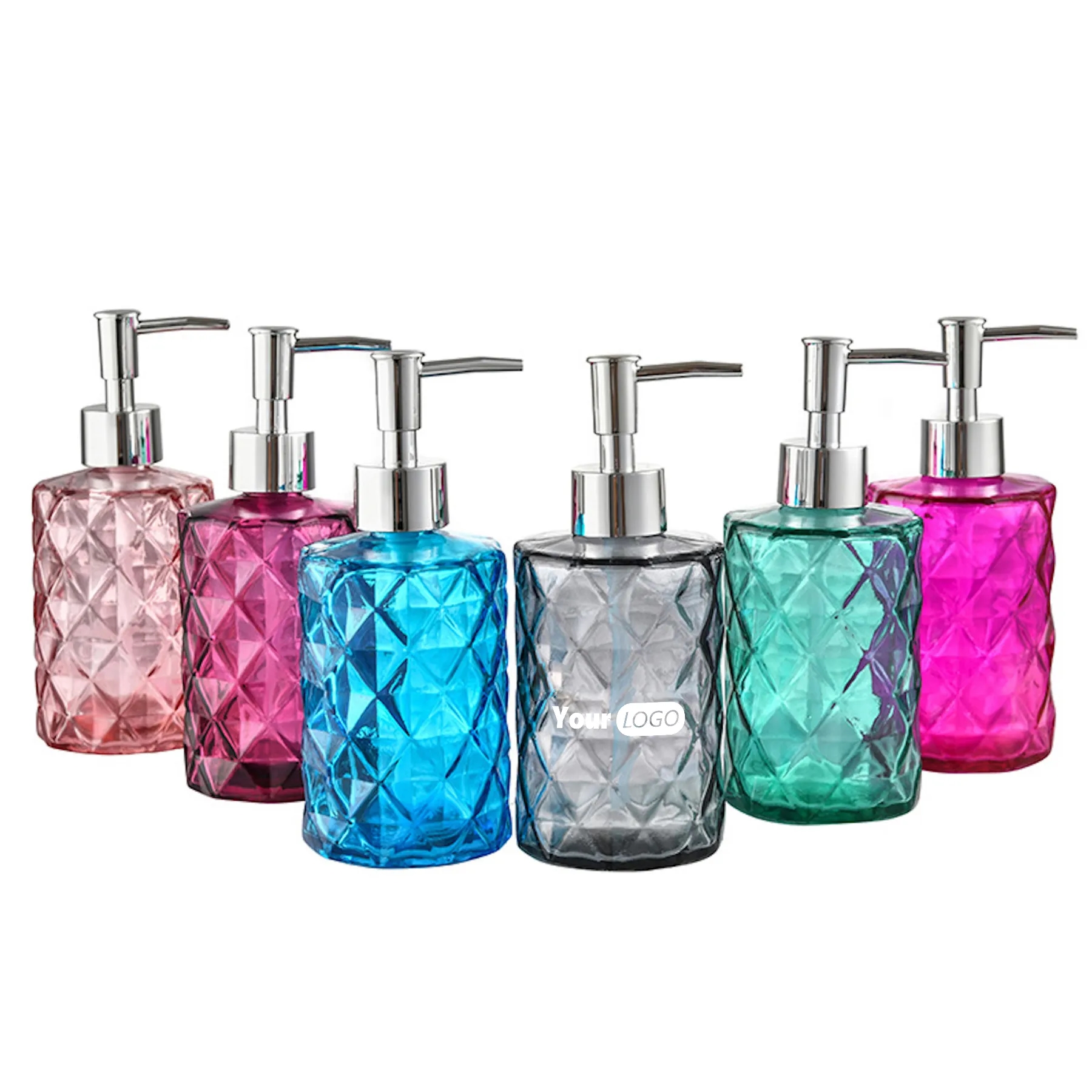 11 oz Stylish Blue Glass Soap Dispenser Geometric Pattern 3