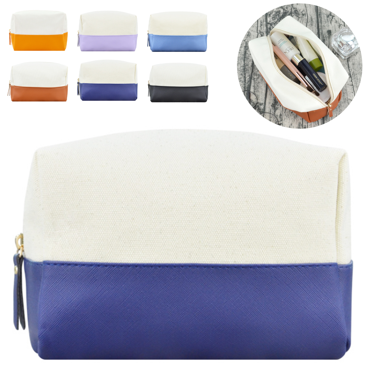 7L Canvas & PU Leather Zippered Cosmetic Makeup Bag