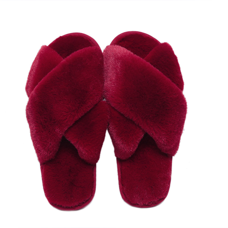 Women's Cross Band Slippers Soft Plush Furry Cozy Open Toe House Shoes 9