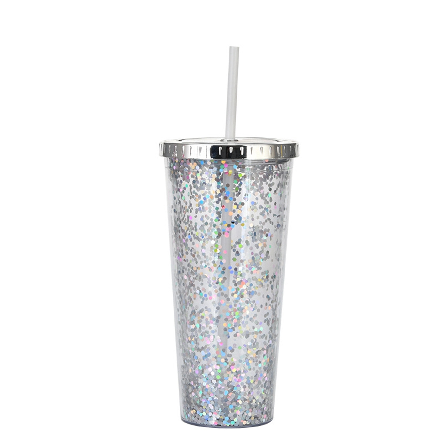 24 Oz. Double Wall Insulated Plastic Glitter Straw Mug 32