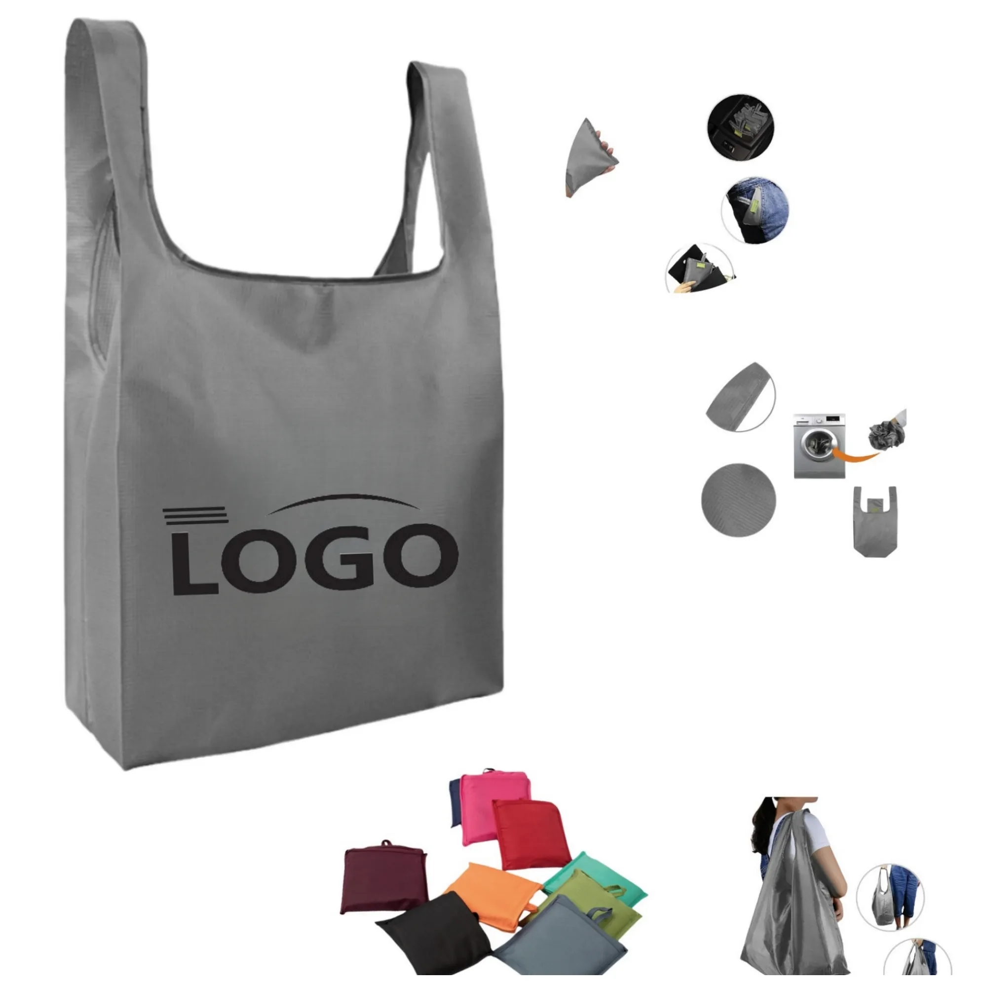 Folding Portable Shopping Bag Reusable, custom tote bag with logo imprint 3