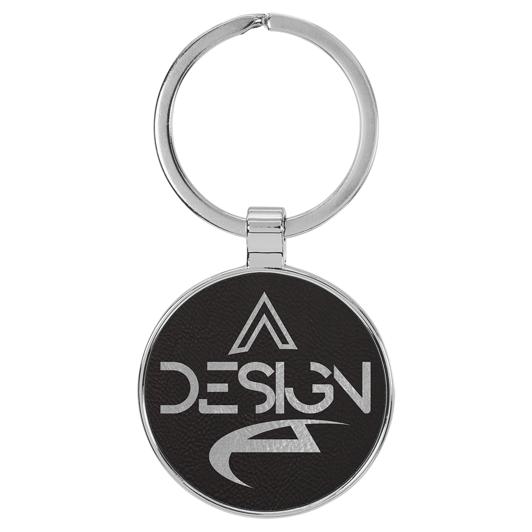 1 1/2" Leatherette/Metal Black/Silver Round Keychain 1