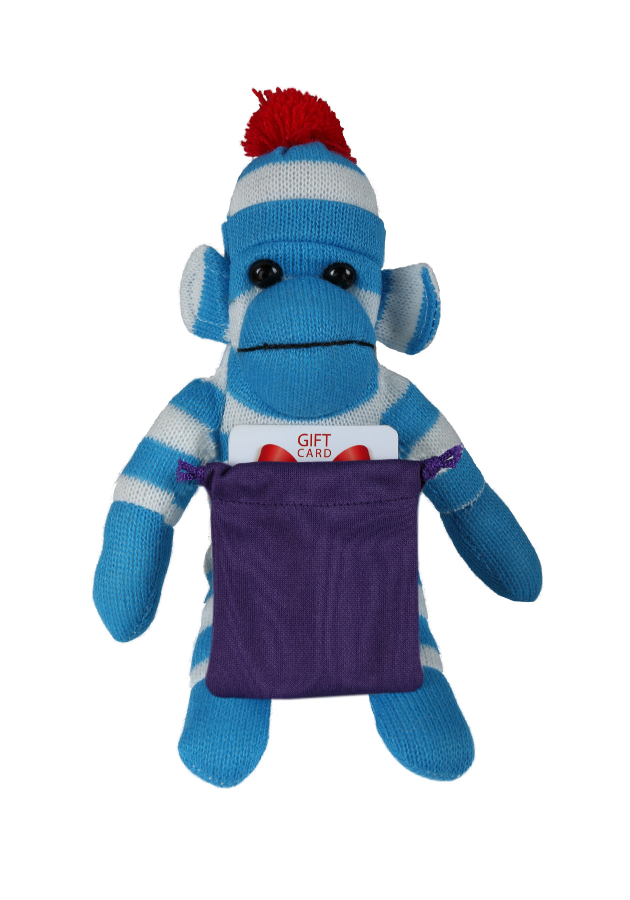 soft plush Blue Sock Monkey with gift card sack