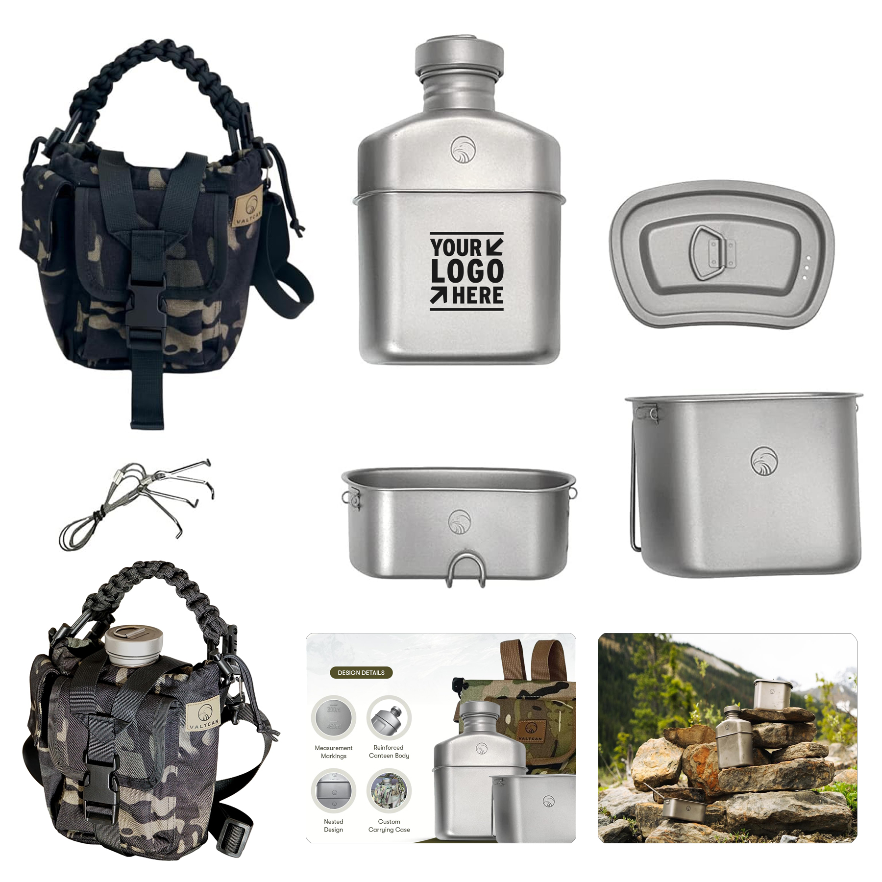 Travel 1100ml 37oz Capacity Titanium Canteen Military Mess Kit with 750ml and 400ml Cookware Cup