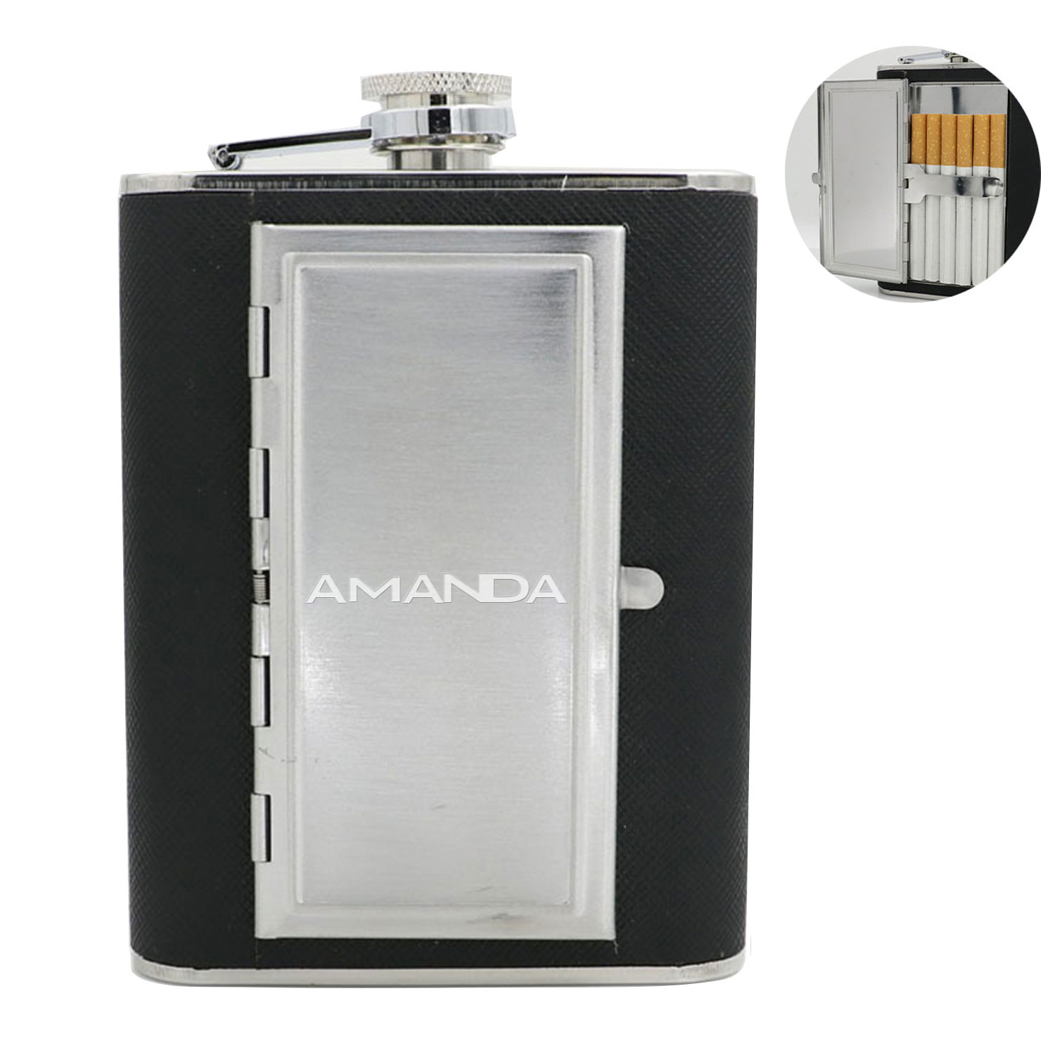 5oz black pu Whiskey Flask w/ bulid-in cigarette case