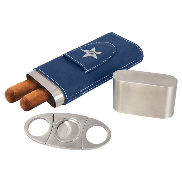 Blue/Silver Leatherette Cigar Case with Cutter 6