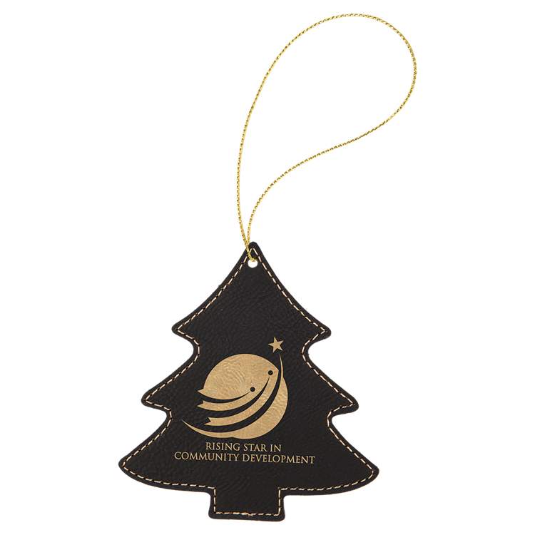 Black/Gold Leatherette Tree Ornament with Gold String 2