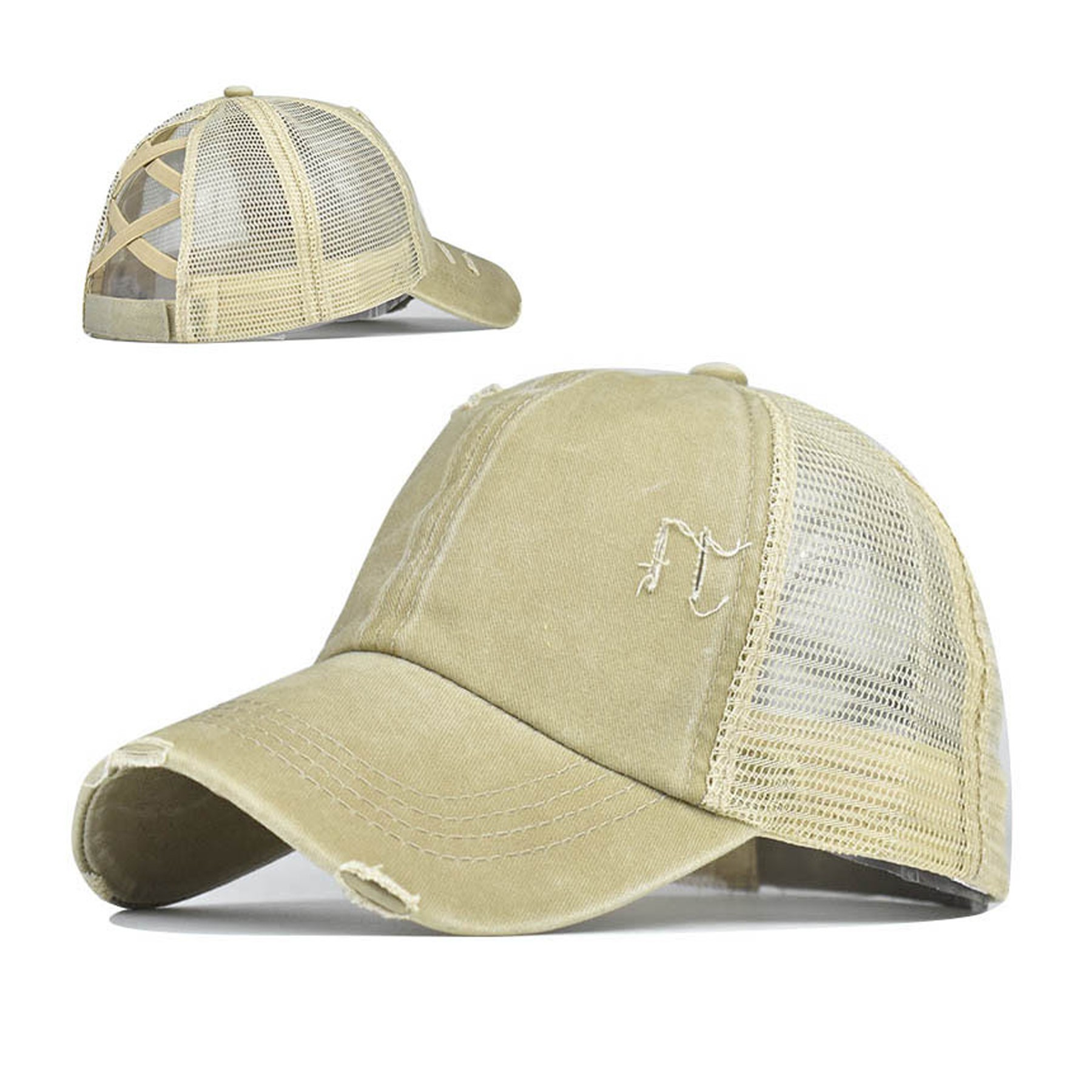Washed Denim Criss Cross Ponytail Trucker Cap 13