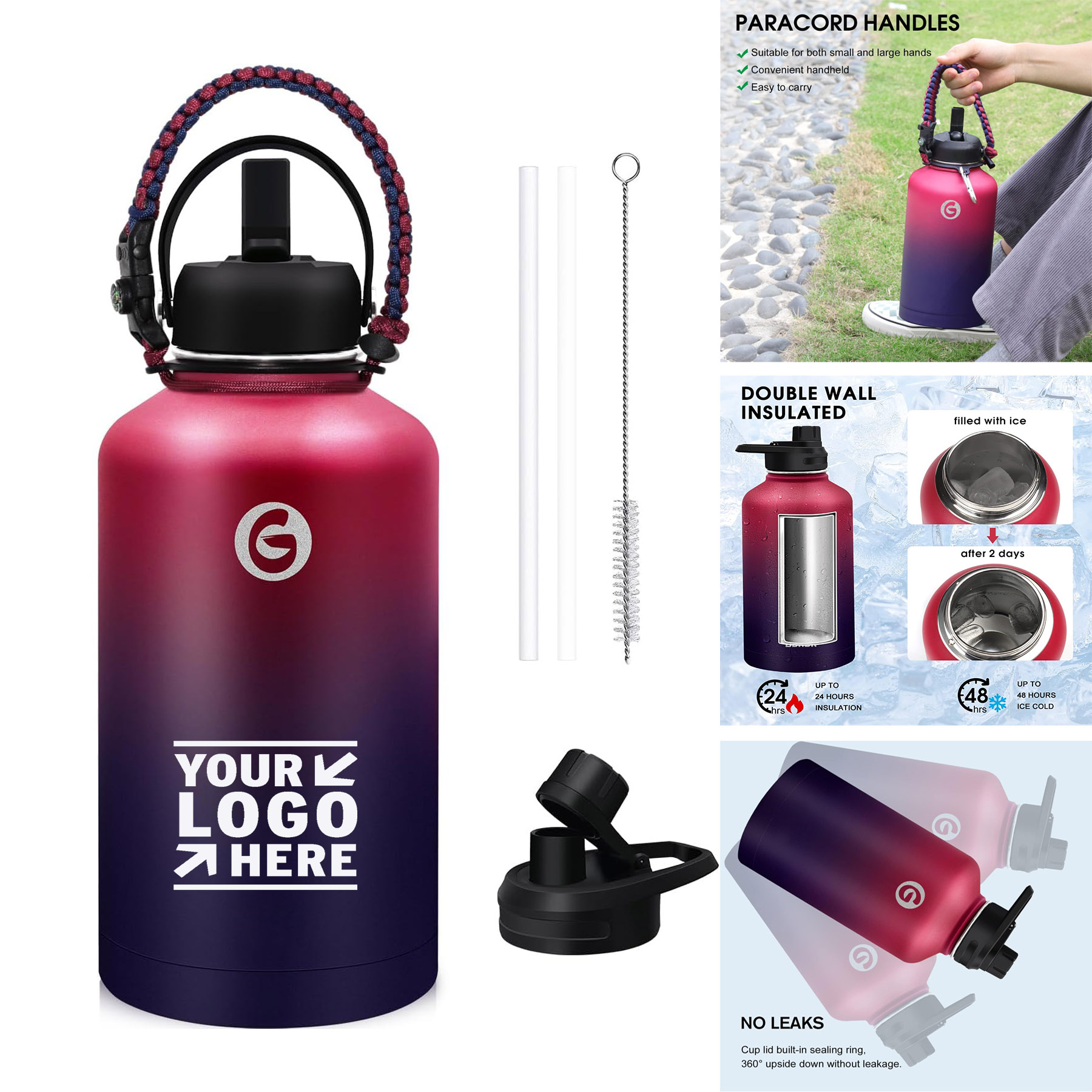 Sport 64 Oz Insulated Water Bottle Leak Proof Hot Cold Stainless Steel Thermal Jug With Straw 2 Lids 2