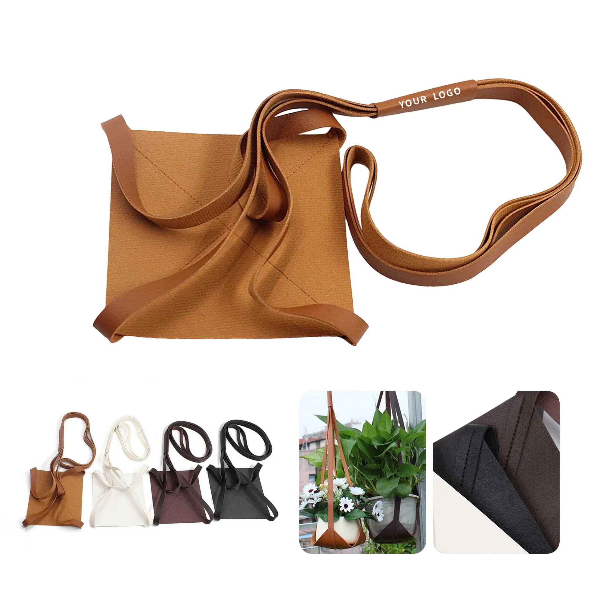PU Leather Hanging Planter Basket with Waterproof Design 3