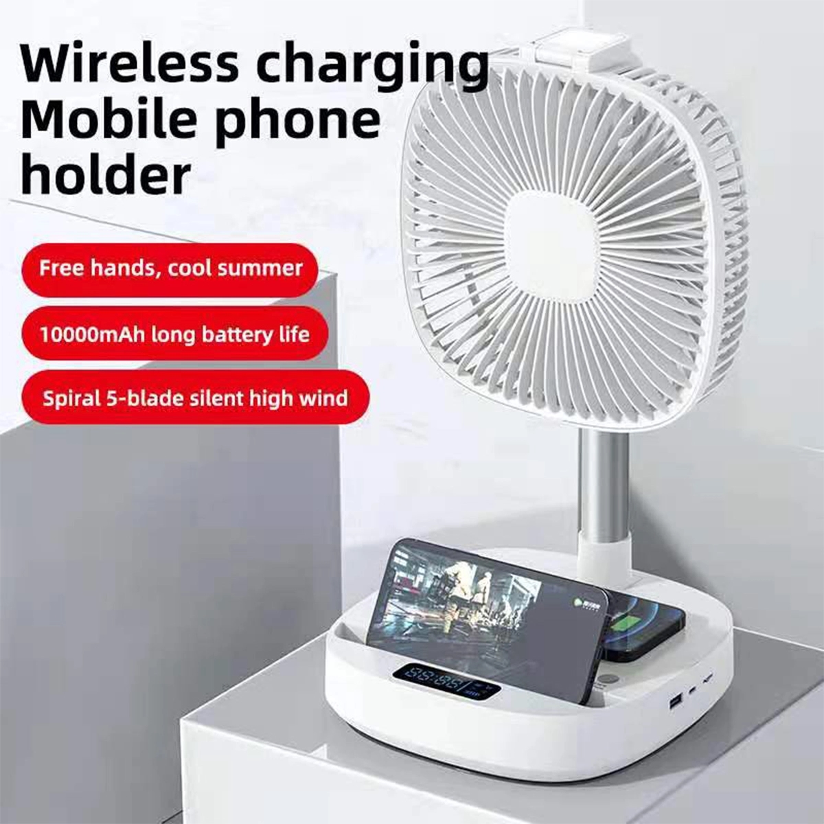 Wireless charging Clock Usb Speaker Led with Table Fan Stand 15