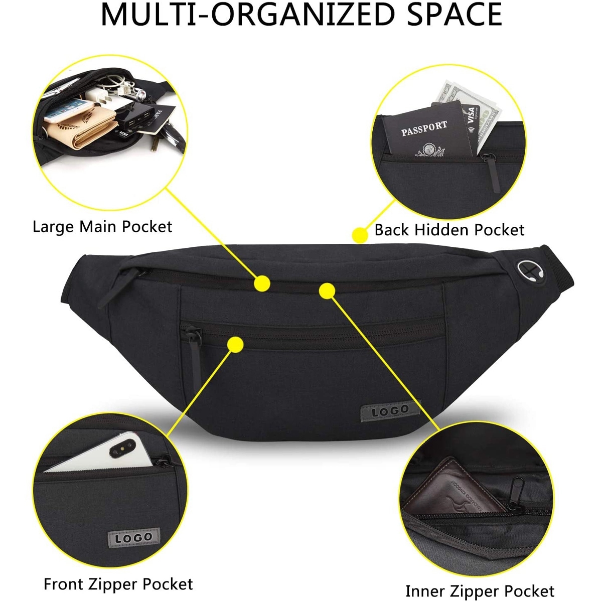 Custom 4-Zipper Pocket Travel Running Hands-Free Waist Pack 4