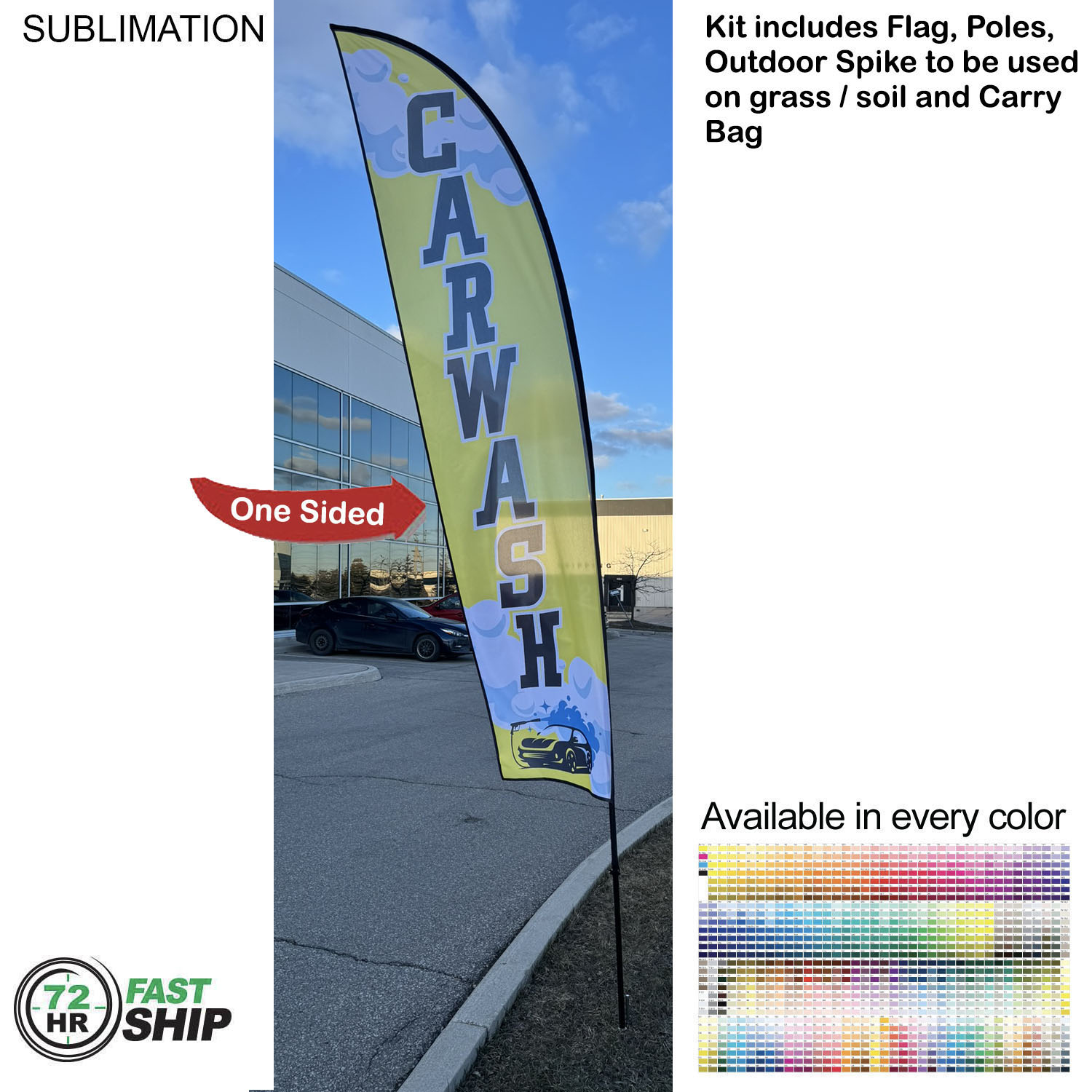 72 Hr Fast Ship - 13' Medium Feather Flag Kit, Full Color Graphics One Side, Spike and Bag Included. 10