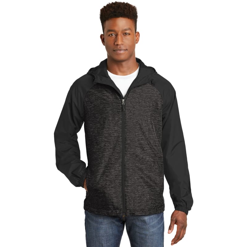 Sport-Tek Heather Colorblock Raglan Hooded Wind Jacket. 19