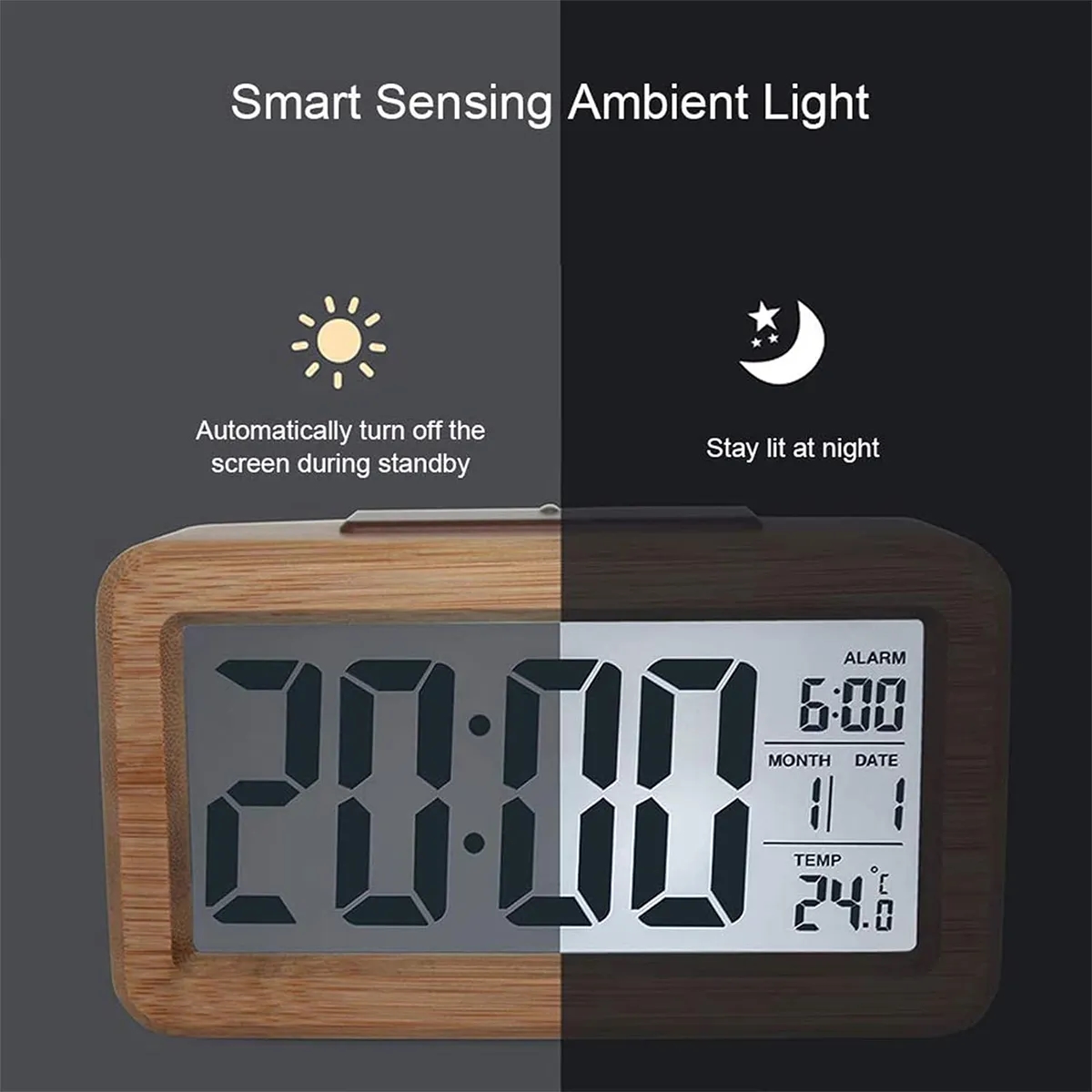 Bamboo Wooden LCD Alarm Digital Clock With Night Light Temp 8
