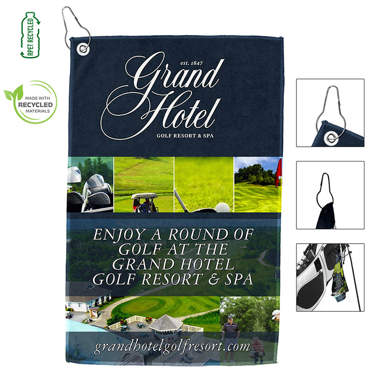"THE IRON" Full Color Sublimation Recycled RPET 300 GSM Golf Towel with Metal Grommet and Clip - 12" 4
