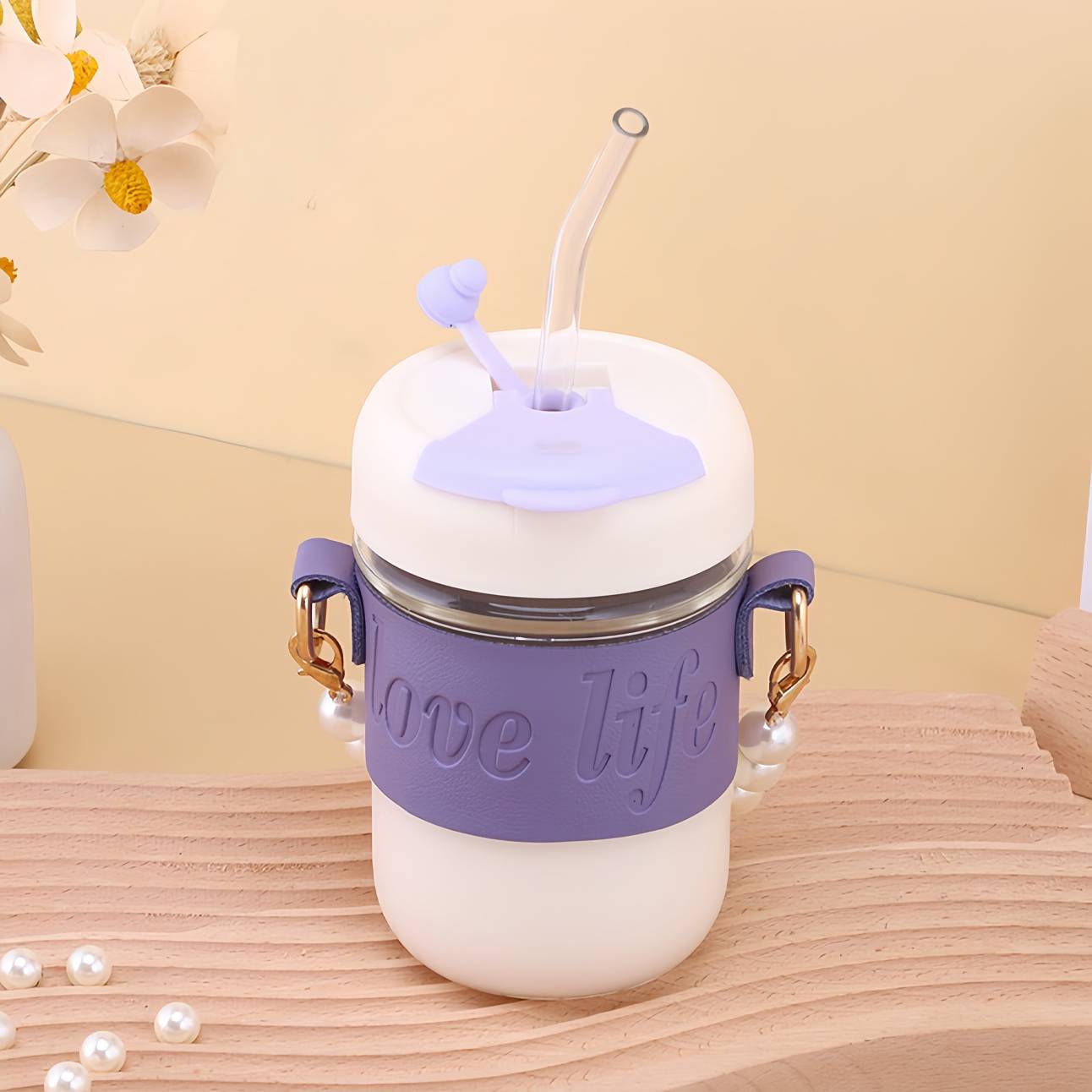 Single glass straw water bottle with pearl handle 5