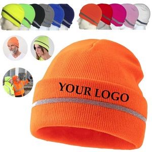 Reflective Striped Lined Fluorescent Knitted Beanie Hat 1