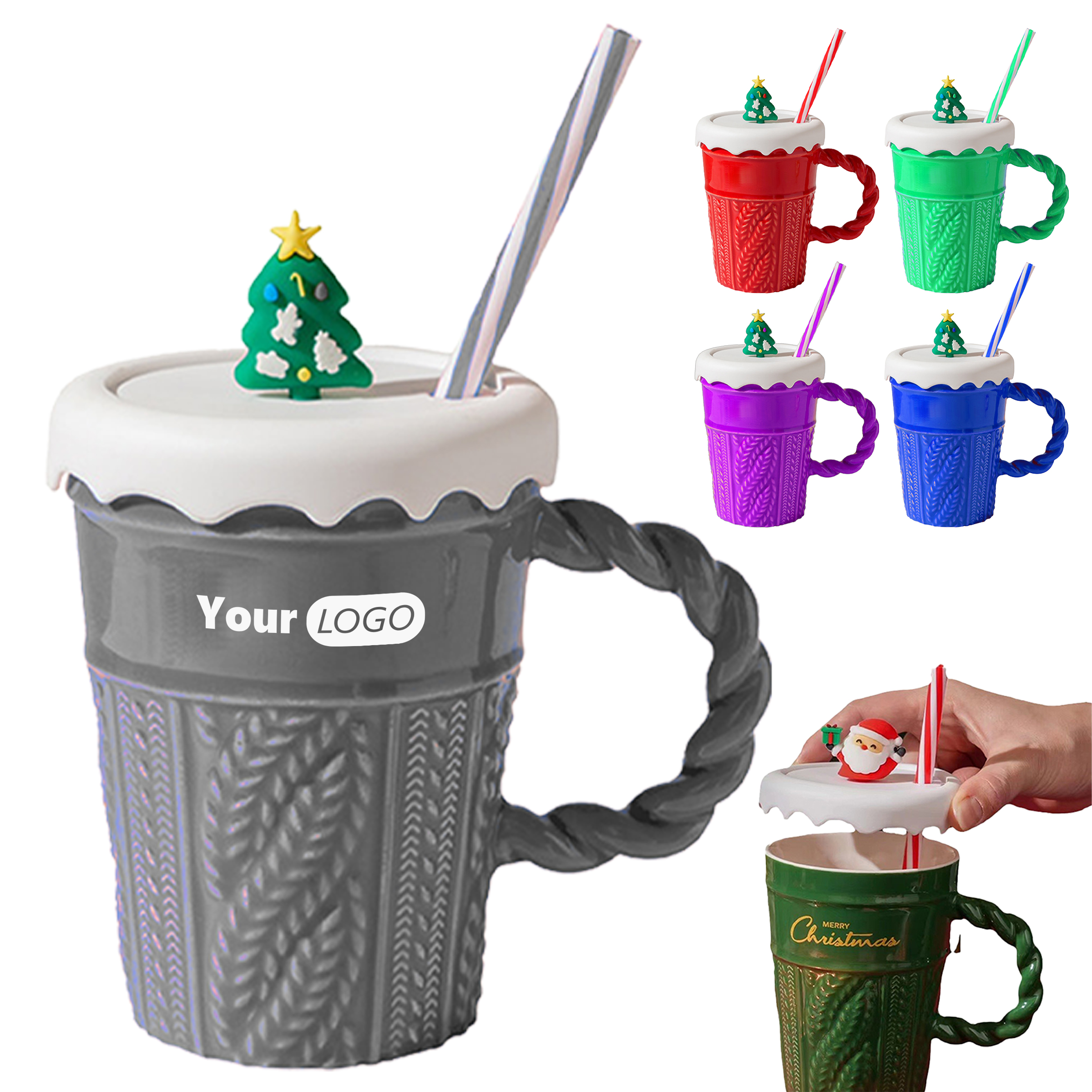 Ceramic Colorful Christmas Mug With Festive Lid And Drinking Straw 11