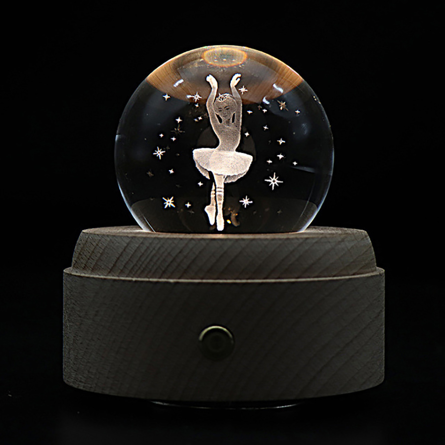 3D LED Night Light And Crystal Ball Music Box With Wooden Base 1