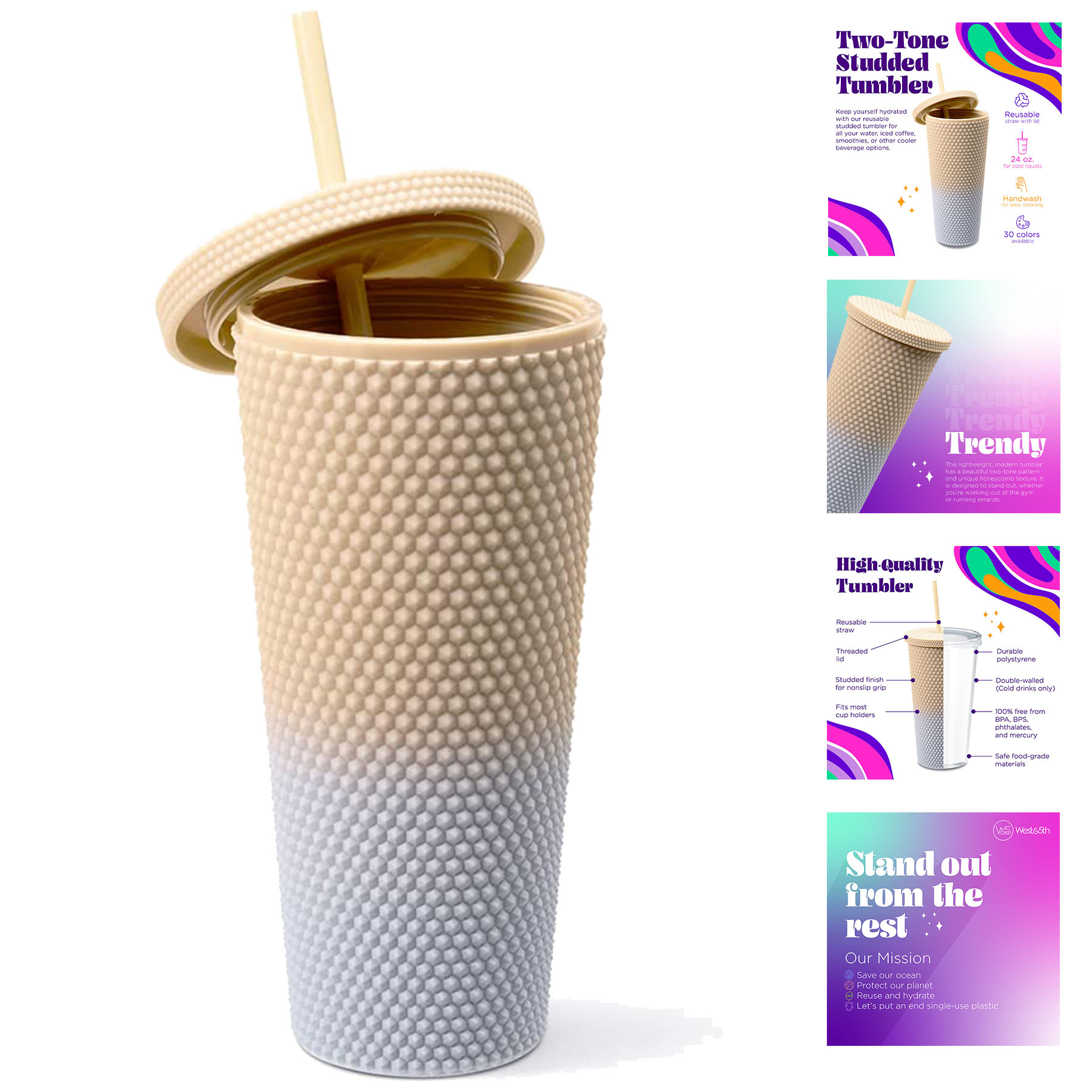 24 Ounce Two-Tone Matte Studded Tumbler with Lid & Straw 2