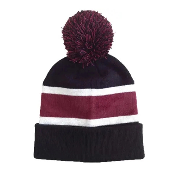 Three Tone Knit Beanie with Pom Ball 6