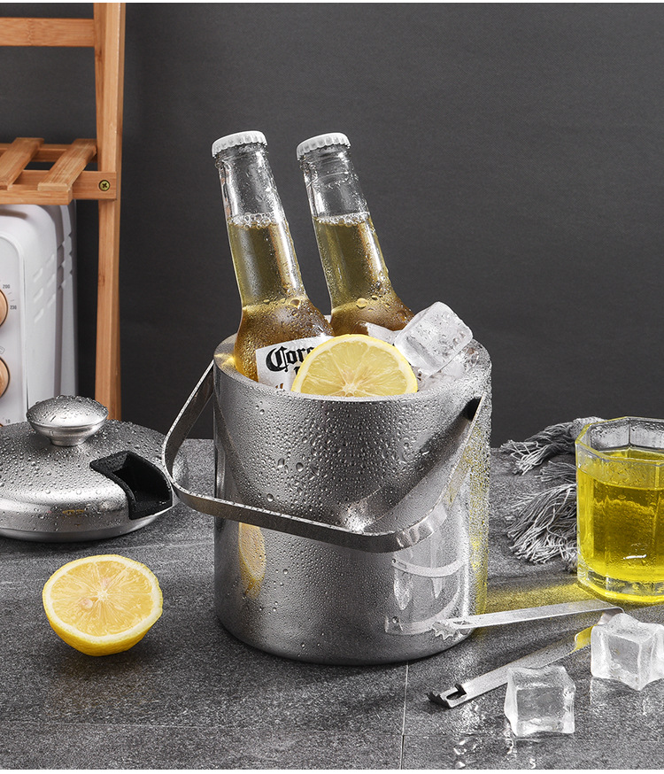 Double Wall Stainless Steel Insulated Ice Bucket with Lid Strainer and Tongs 6
