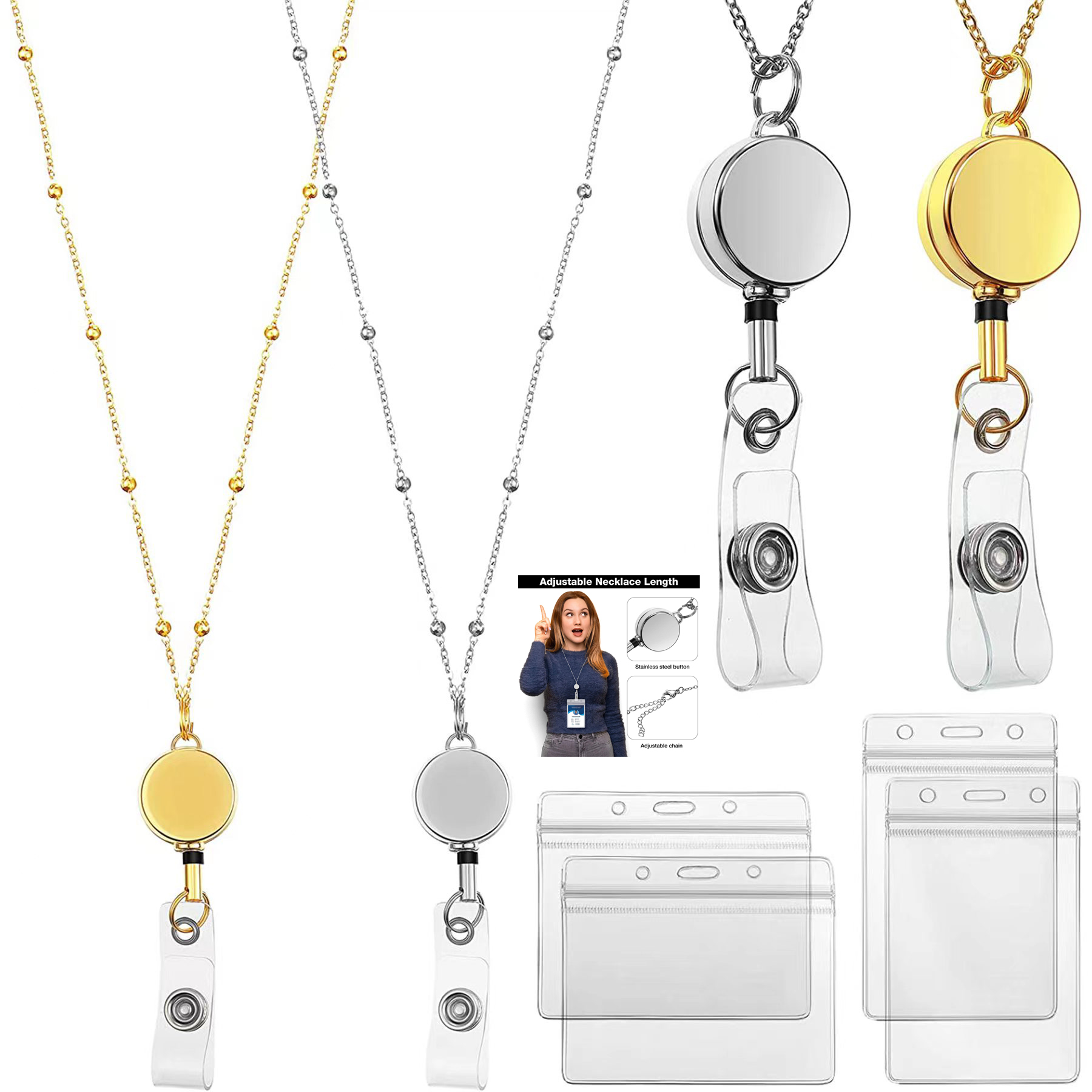 Stainless Steel Badge Necklace Lanyard with ID Holder