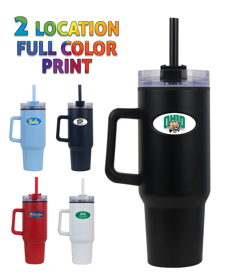 40 oz Inner Plastic Travel Mug w/ Handle and Straw - Full Color Dome 2