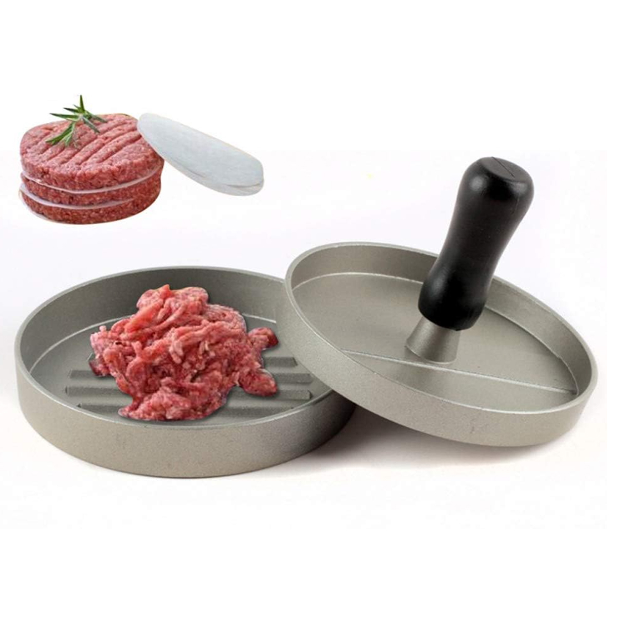 Aluminum Burger Press with Handle and 100 Patty Papers 5