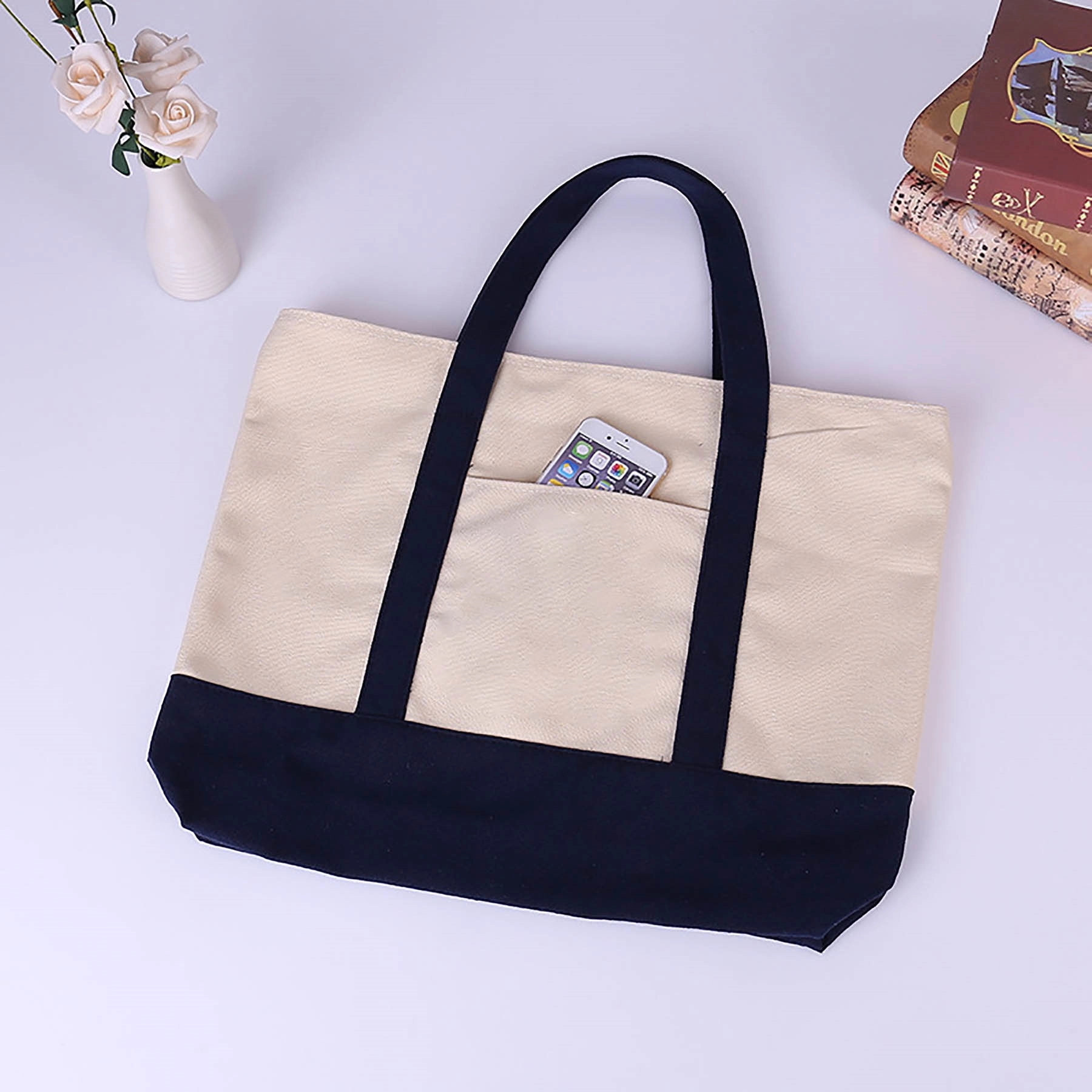 Stylish Canvas Tote Bag With An External Pocket 4