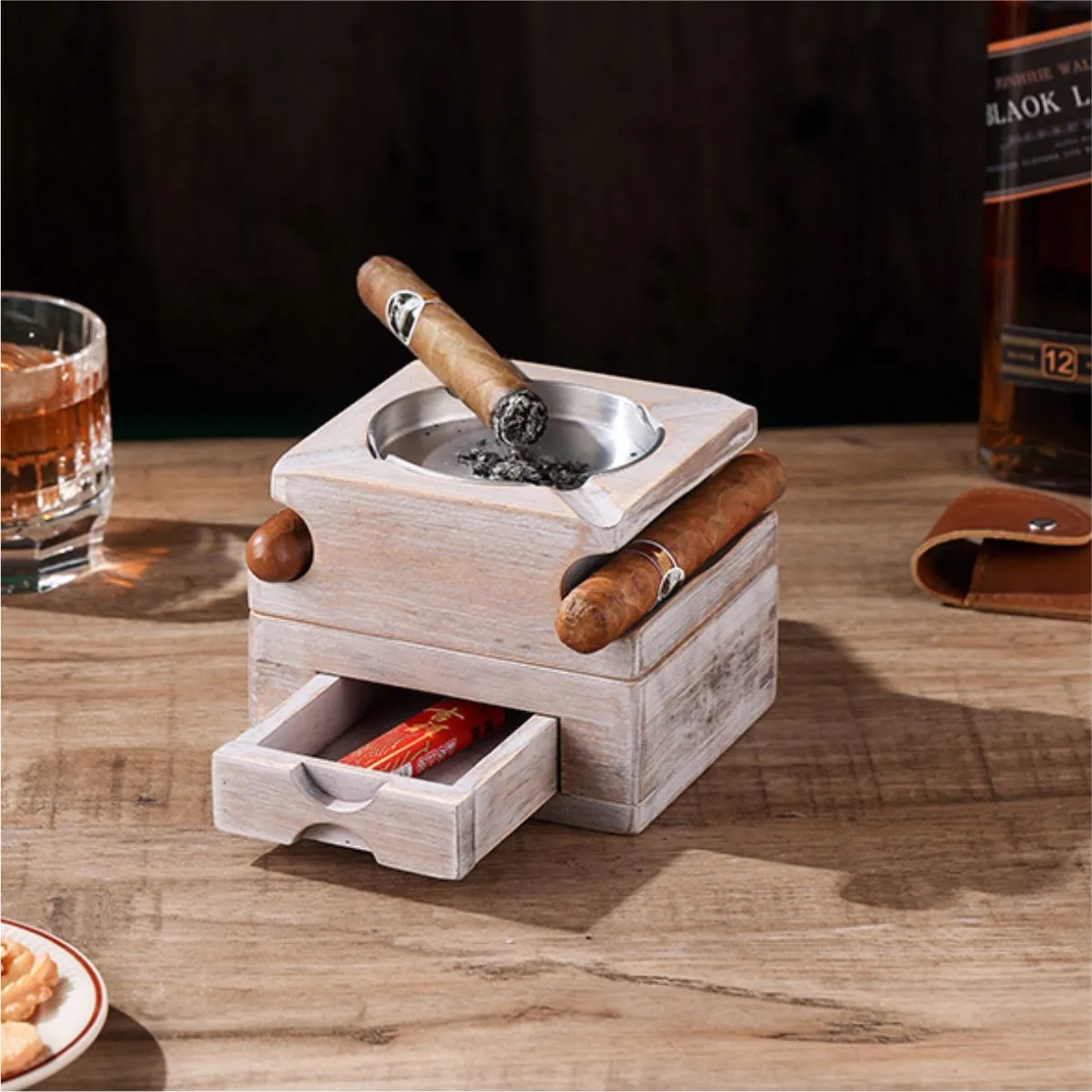 Detachable Wood Cigar Ashtray W/ Whiskey Glass Holder Drawer 4