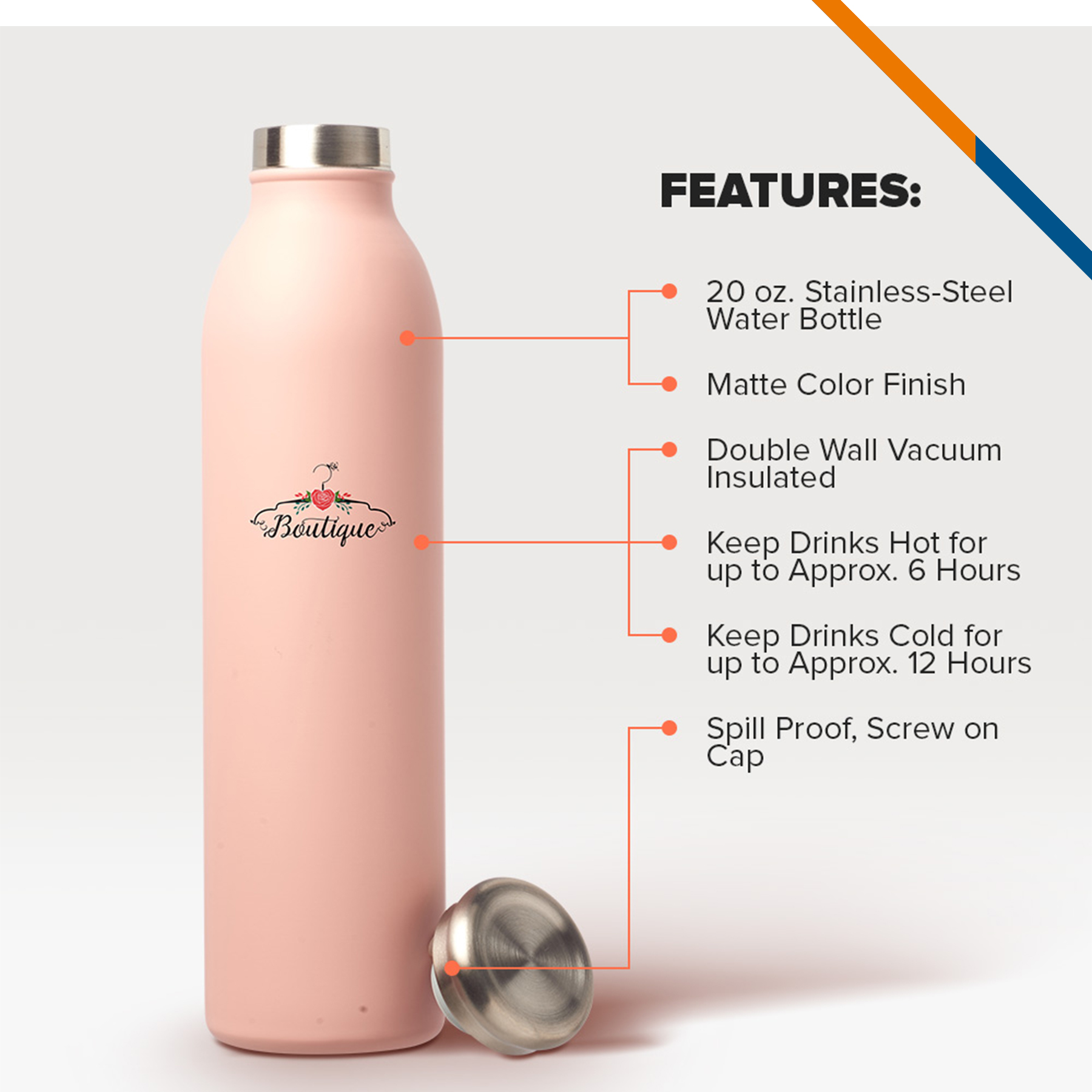 Liga Stainless Steel Water Bottle - 20 OZ., custom water bottle with logo imprint 6