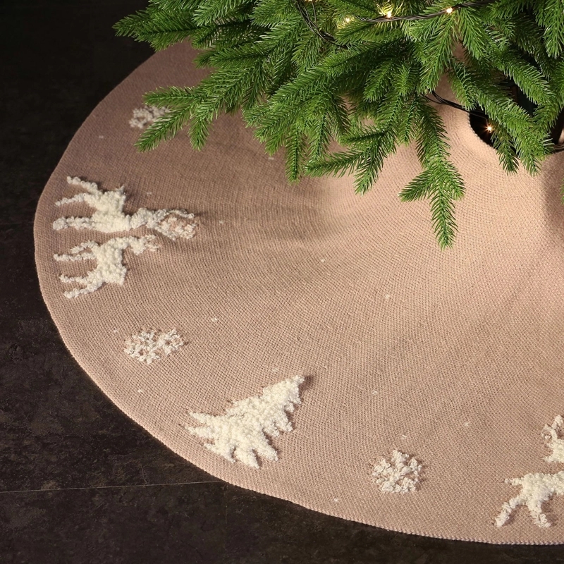 Red Knitted Christmas Tree Skirt with Snowflake & Reindeer 5