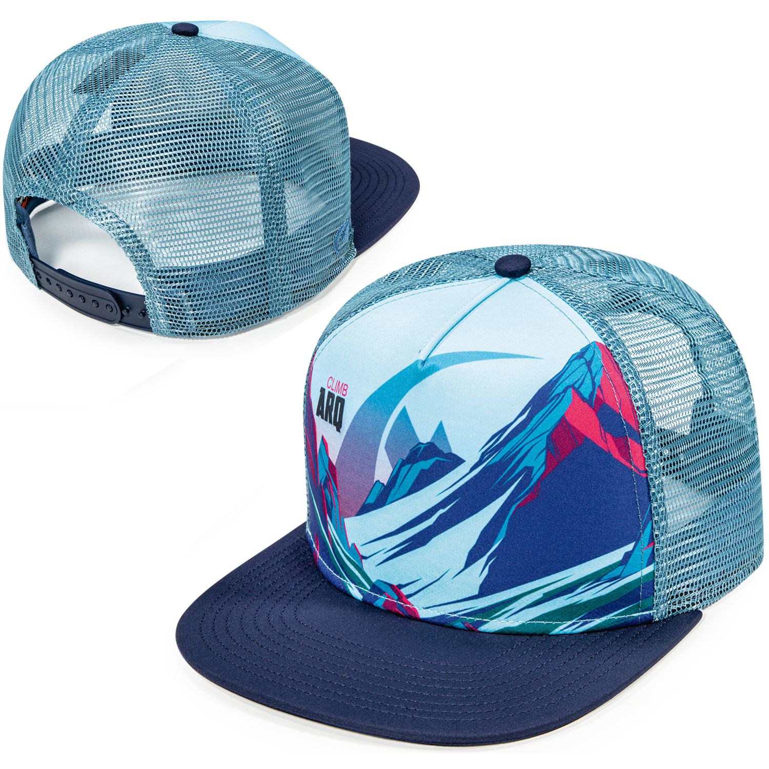 Flat bill trucker mesh cap w/ sublimated crown 5