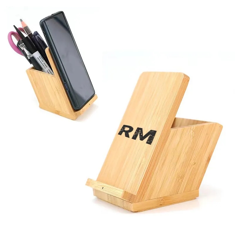 Wooden Wireless Charging Phone Stand With Pen Holder 1