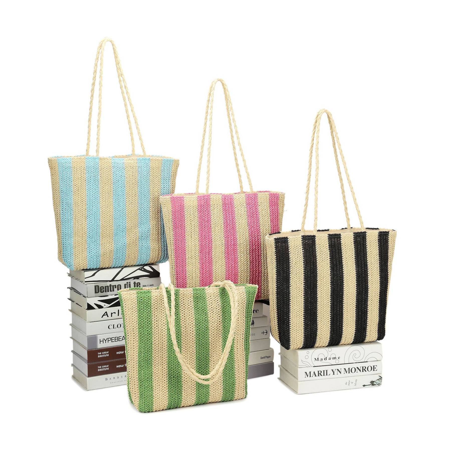 Women Beach Straw Striped Tote Bag 2