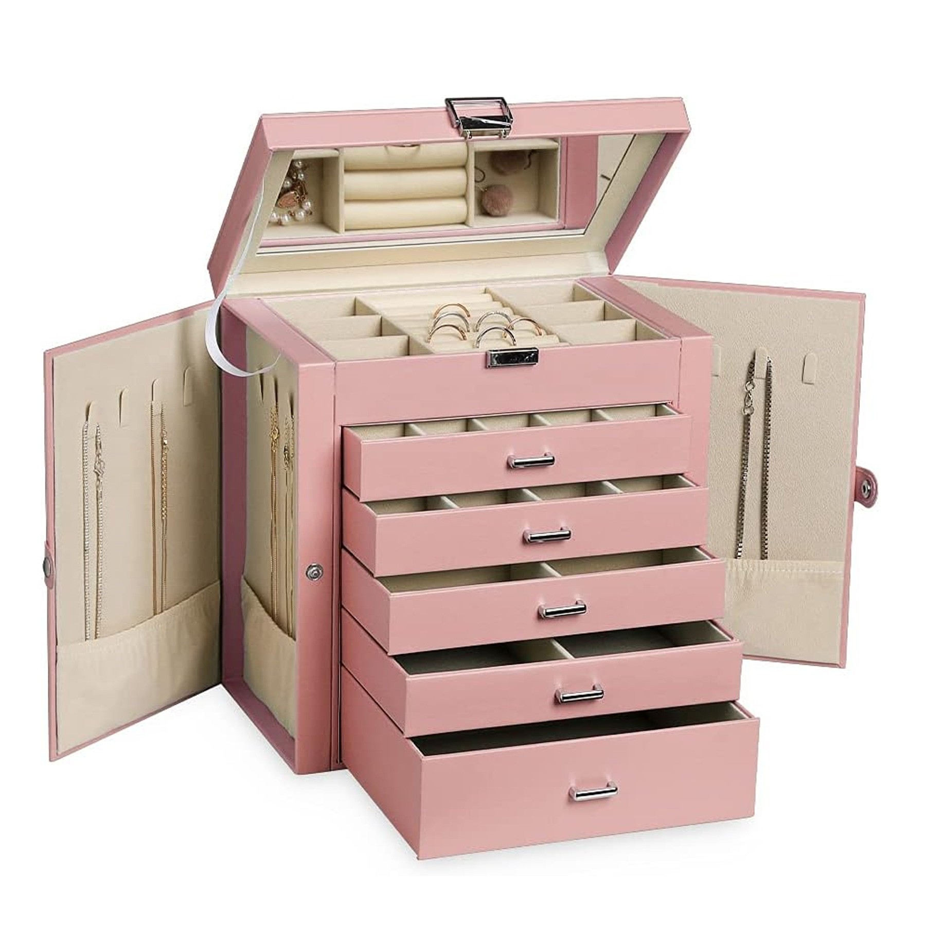 6 Tier PU Leather Jewelry Box with Lock 5