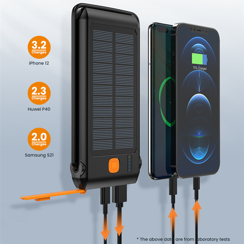 Waterproof Solar Power Bank with 500 Lumen Flash Light and Stand PD 20W 14