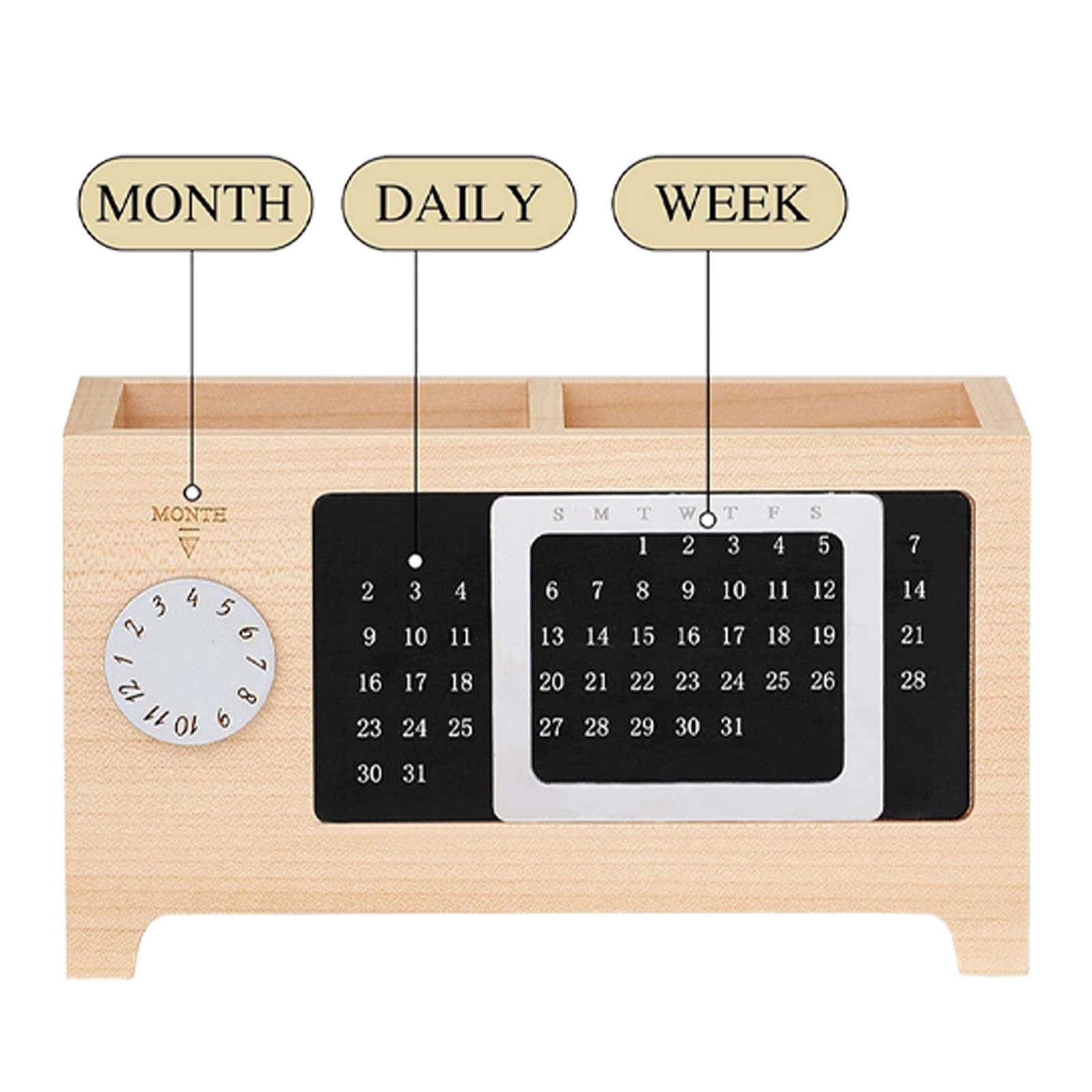 Wooden Perpetual Calendar Pen Holder Storage Box 3