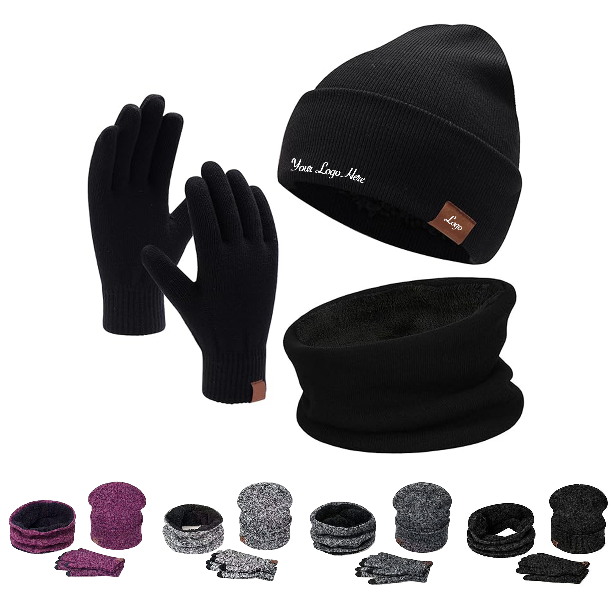 Winter Beanie Hat Scarf Touchscreen Gloves Set 4