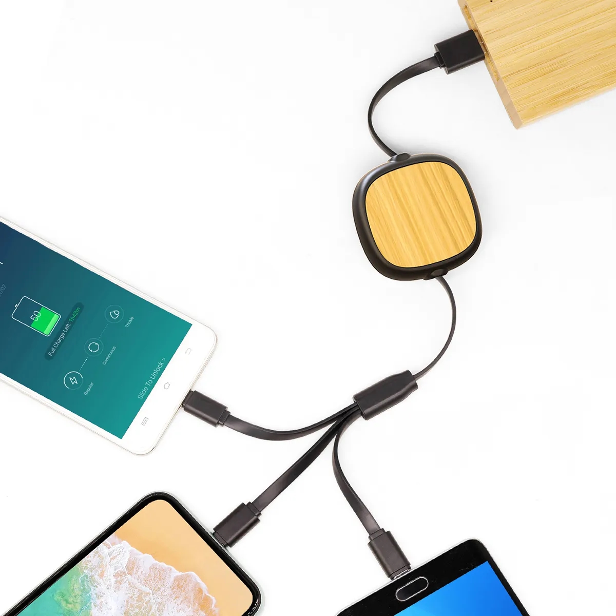 3 in1 Custom Bamboo Retractable Charging Cable 3