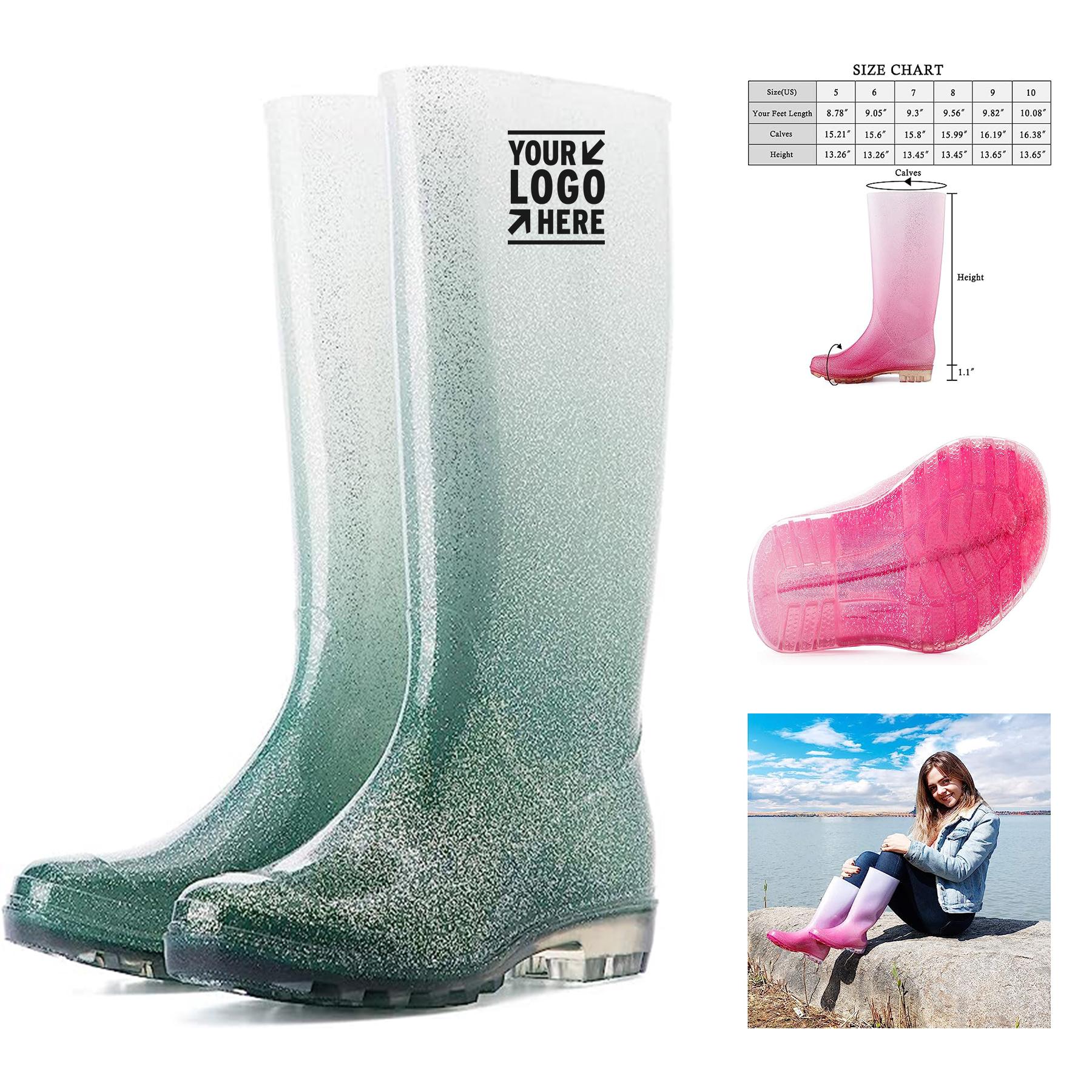 Womens Knee High Waterproof Glitter Rain Boots 