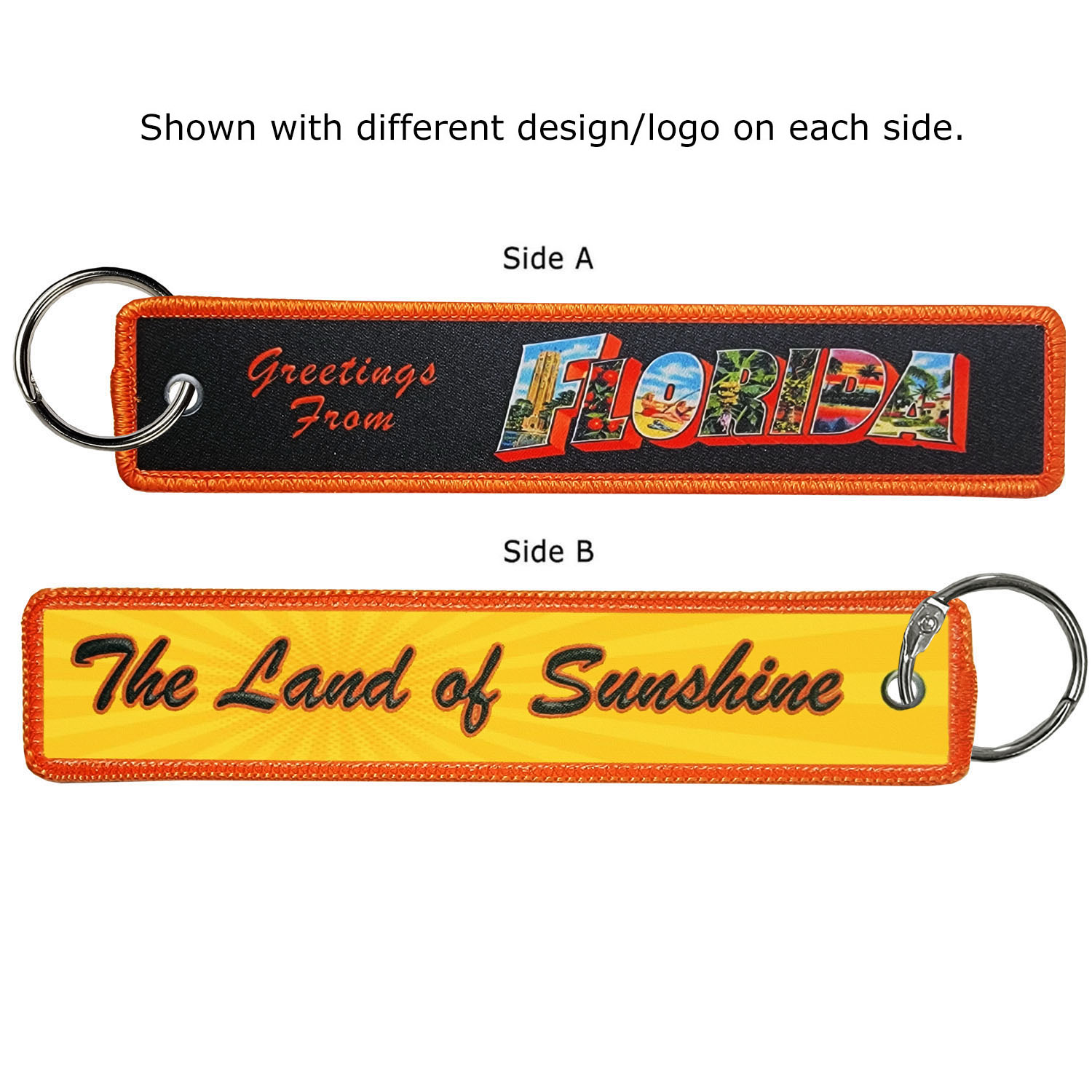 1 ¼" x 6 ¼" Two Sided Dye Sub Big Size Key Ring with Merrow Border 1