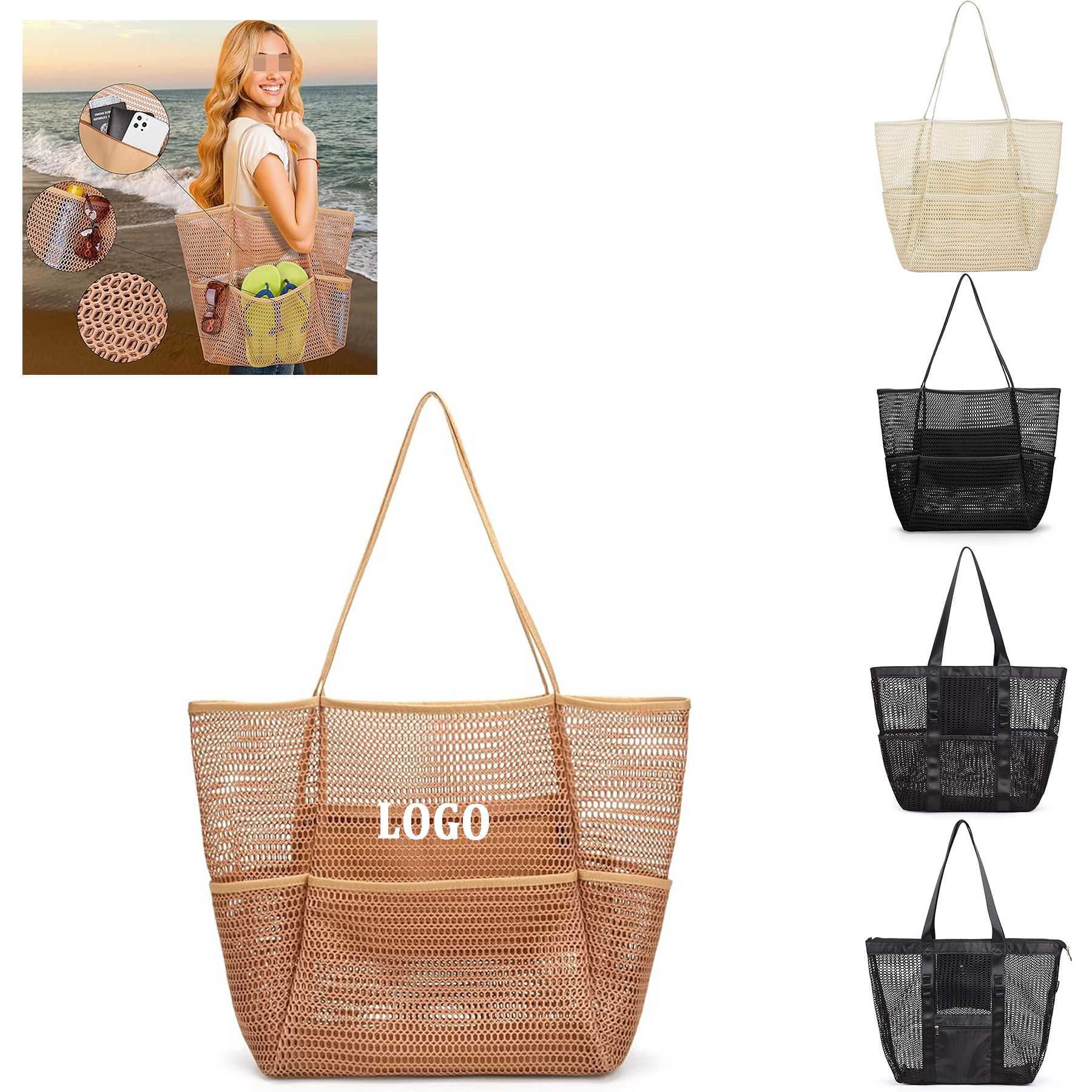 Mesh Beach Tote Bag for Women, custom tote bag with logo imprint 3