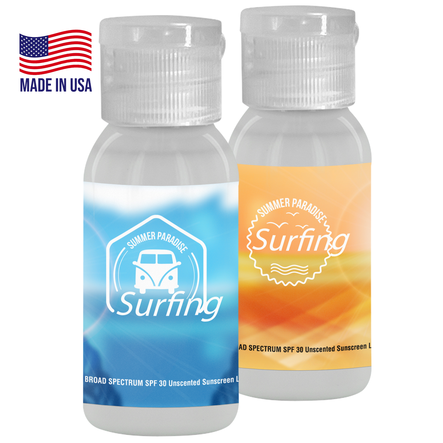 1oz. Sunscreen in a transparent round bottle. 2