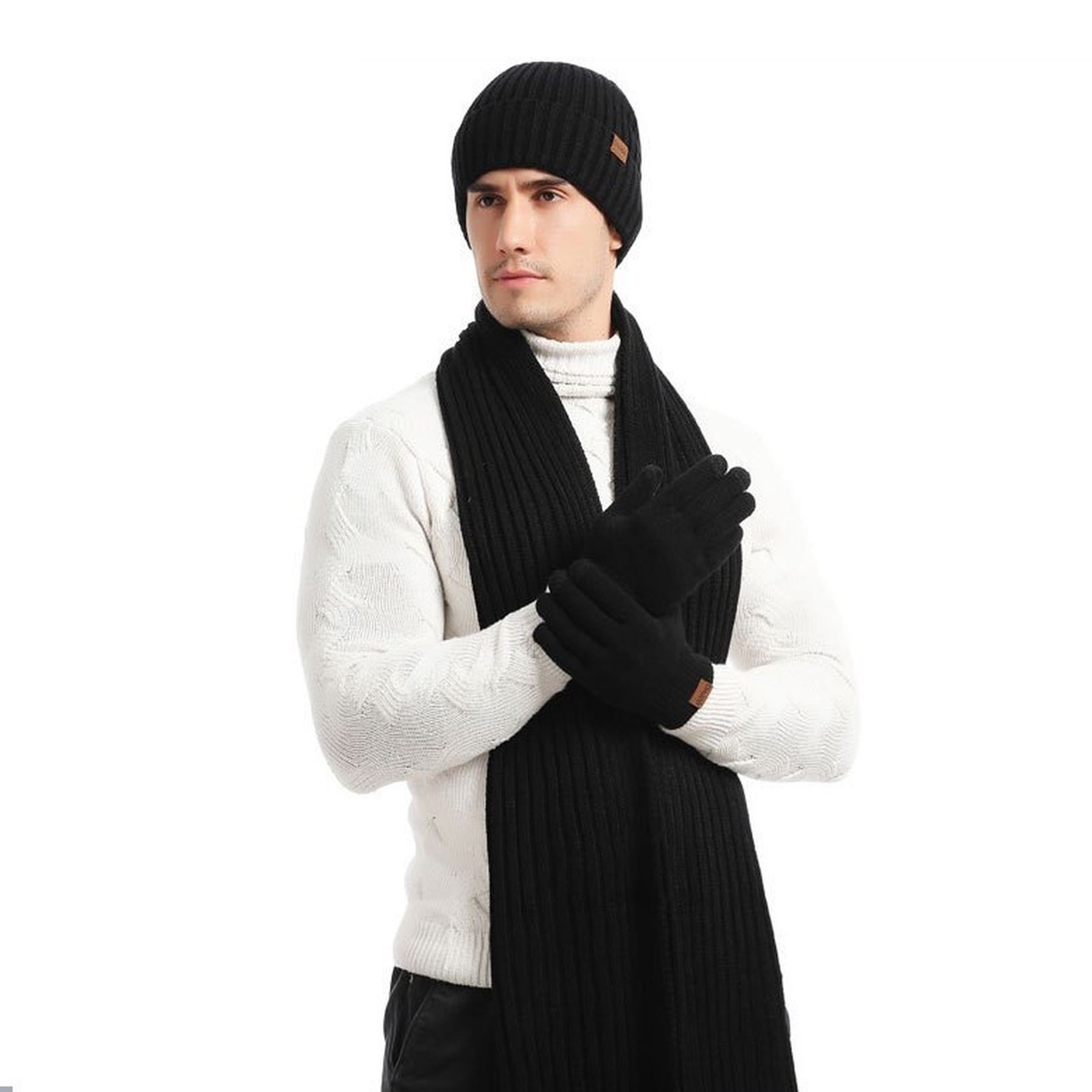 Winter Beanie Hat Warmer Long Scarf Touchscreen Gloves Set 11