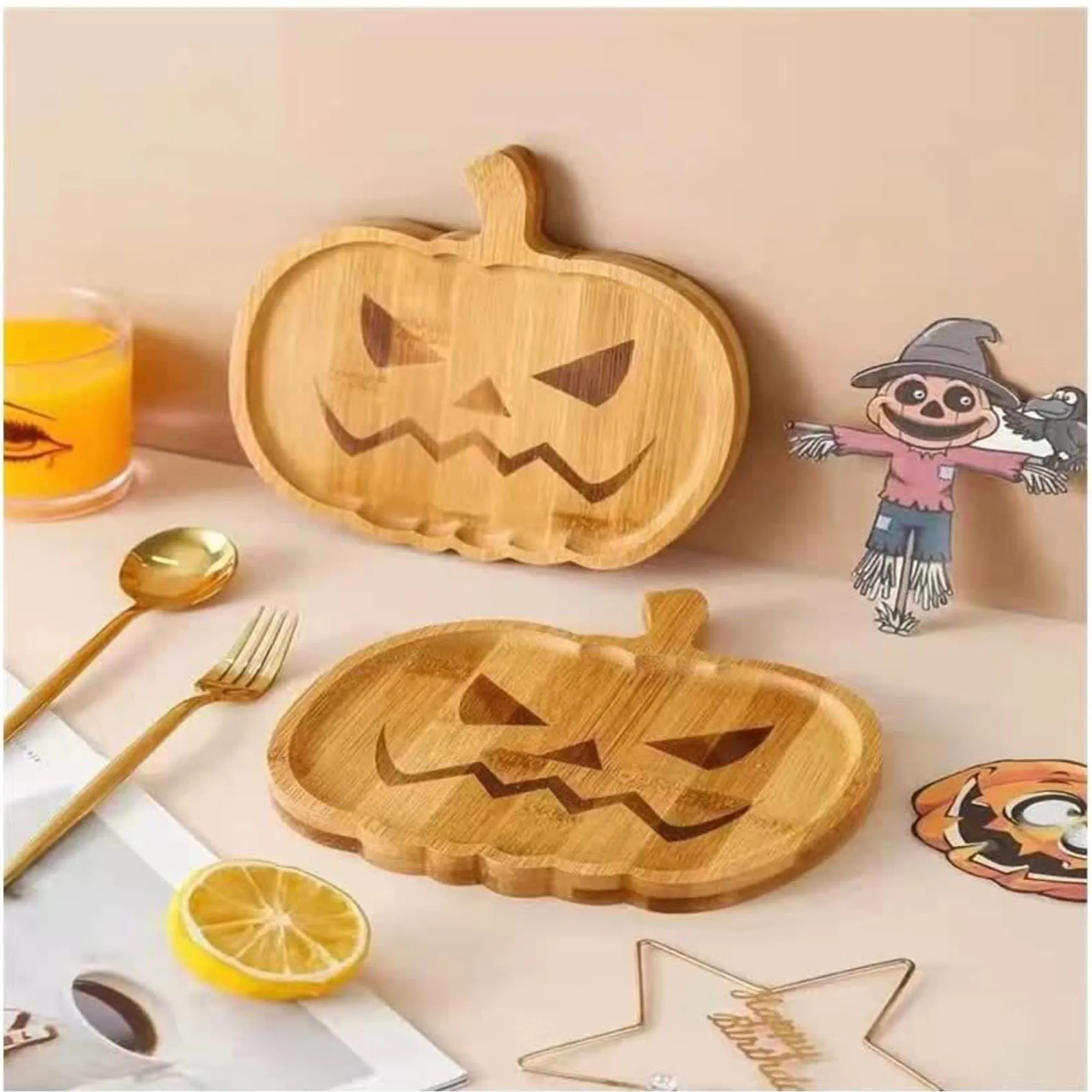 Halloween Wooden Tray Set With Pumpkin And Ghost Plates 3