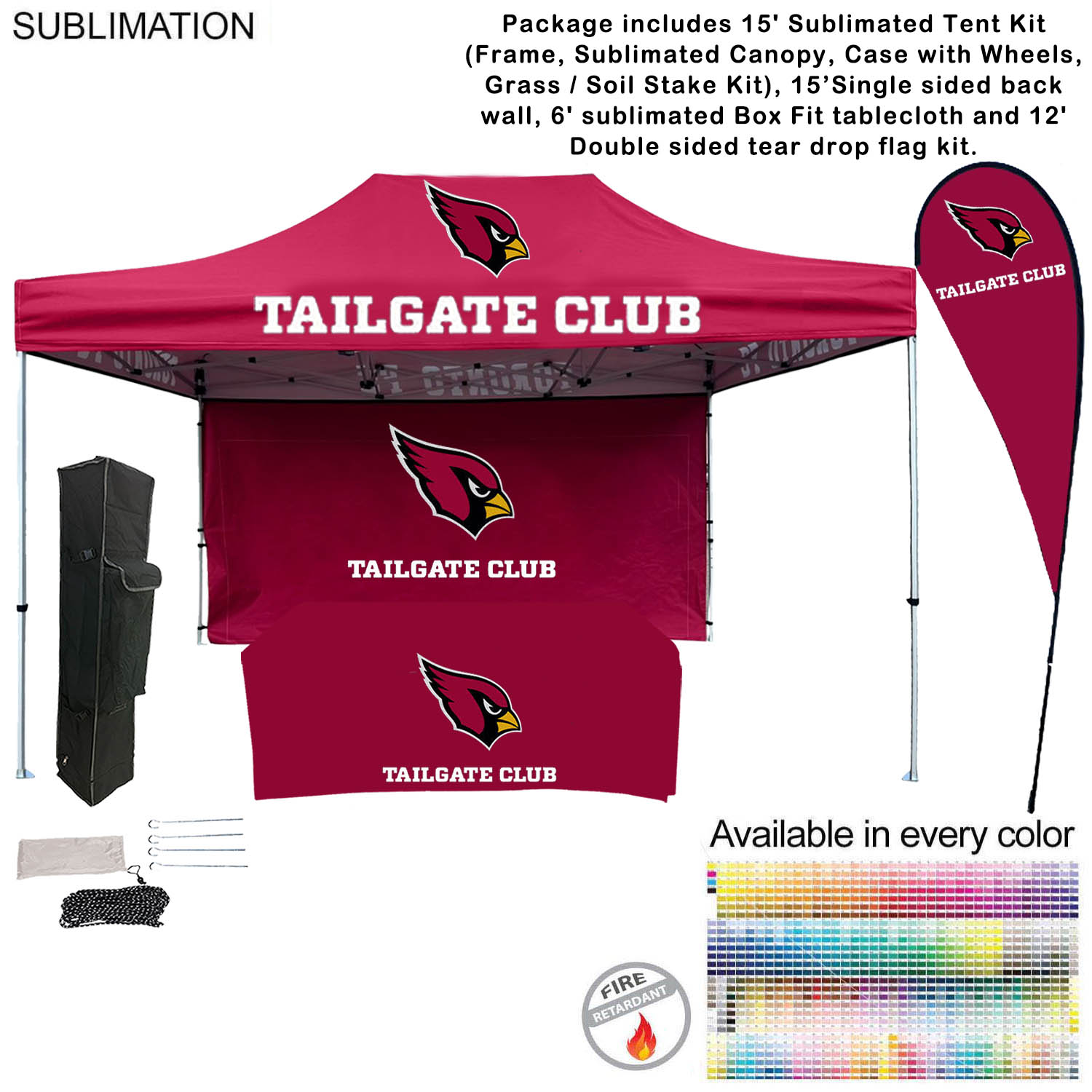 72Hr Fast Ship - Game Day Tailgate Package, 15' Tent, 15' Backwall,Tablecloth, double sided Flag 15